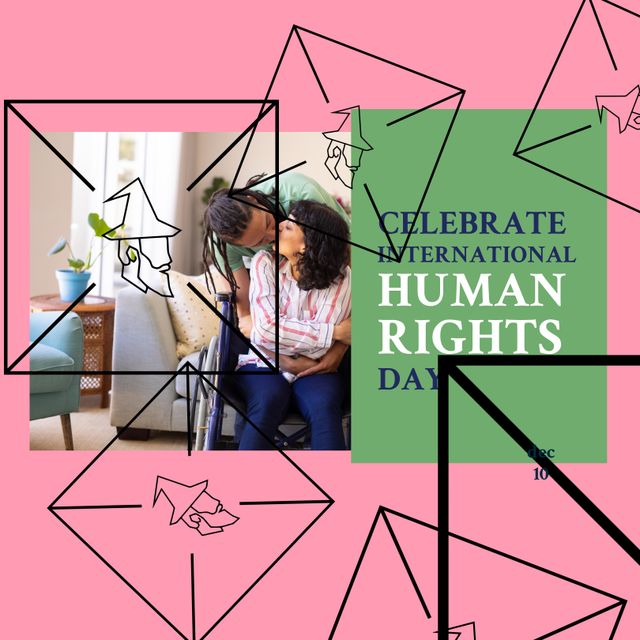 This composition highlights the celebration of International Human Rights Day, featuring an inclusive image of a biracial couple, with one person in a wheelchair. The background is pink with geometric shapes, emphasizing diversity and human rights. It is ideal for promotional materials, social media posts, and awareness campaigns related to human rights and inclusivity.