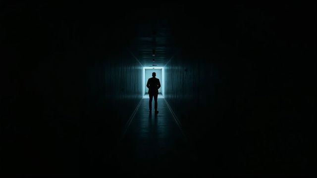 Silhouetted Businessman Walking Through Illuminated Corridor