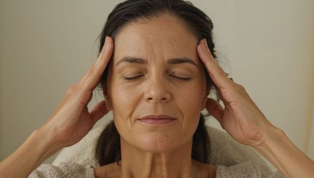 Middle-aged woman holding temples for headache relief relaxing at home close-up portrait