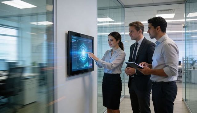 Business team collaborating on touchscreen data visualization in modern office