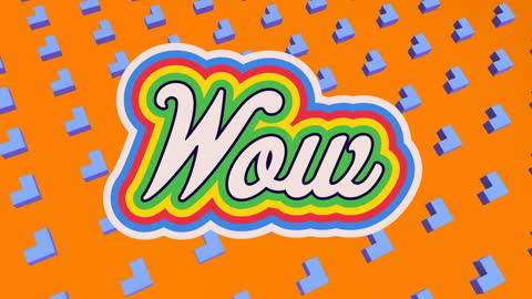 Colorful Wow Text on Vibrant Orange with Geometric Shapes