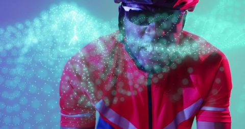 Cyclist Wearing High-Tech Gear with Futuristic Data Visualization