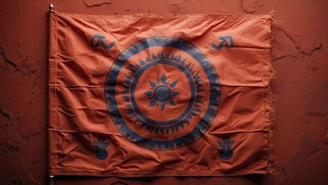 Rustic terracotta cloth banner with blue sunburst