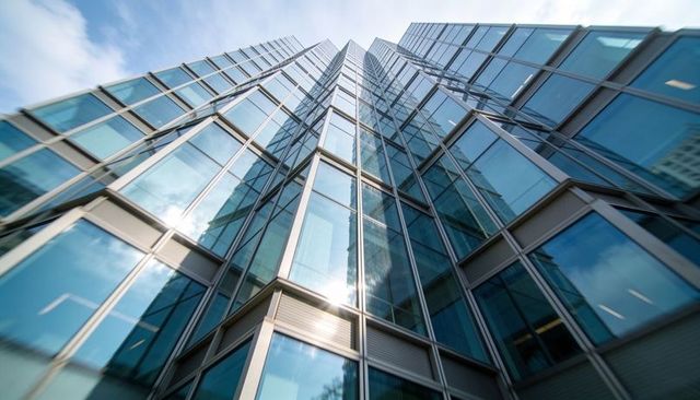 Soaring glass office tower reflecting sun glare and city skyline with angular facade
