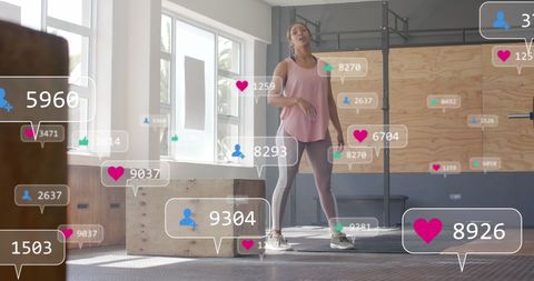 Tired Woman in Gym Surrounded by Social Media Notifications