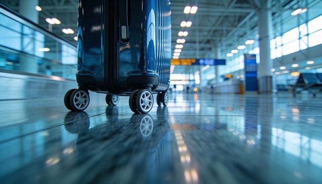 Rolling dark blue wheeled suitcase gliding on glossy airport floor with clear reflections