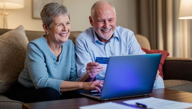 Smiling Senior Couple Shopping Online with Credit Card in Cozy Living Room