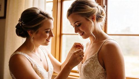 Bride and bridesmaid fastening pendant necklace by window in lace wedding gowns
