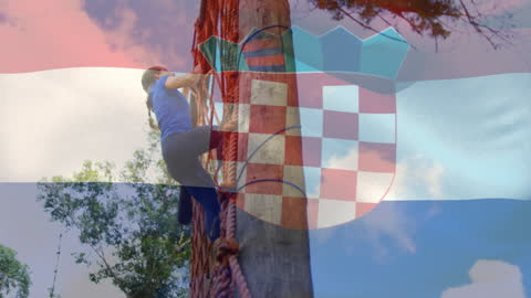 Croatian Flag Overlapping Determined Woman in Obstacle Race
