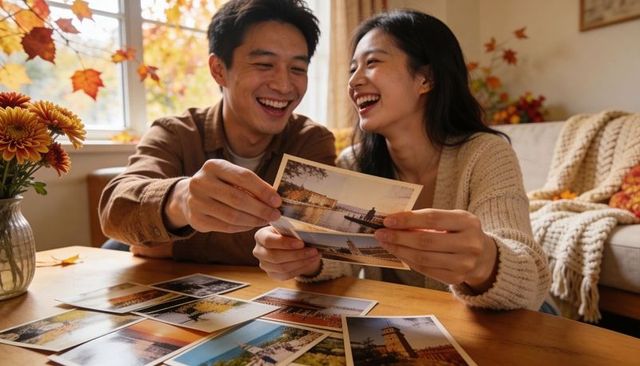 Laughing couple sorting travel postcards at cozy autumn table with warm sunlight
