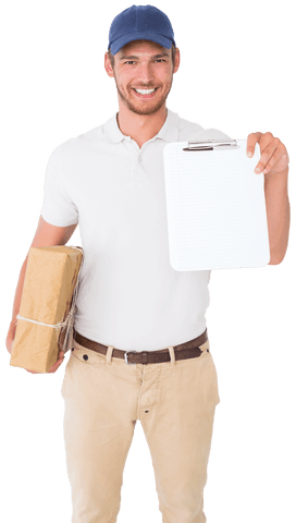 Transparent Courier Smiling with Package and Blank Clipboard - Download Free Stock Videos Pikwizard.com