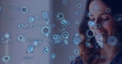 Data analyst examining holographic world maps in futuristic setting