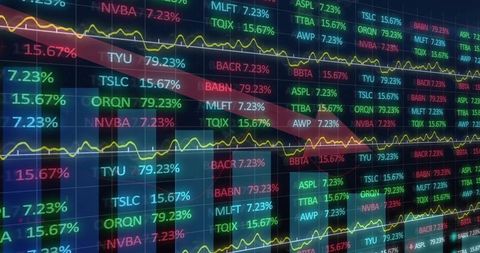 Real-time market wall displaying tickers and charts with downward red arrow, neon grid