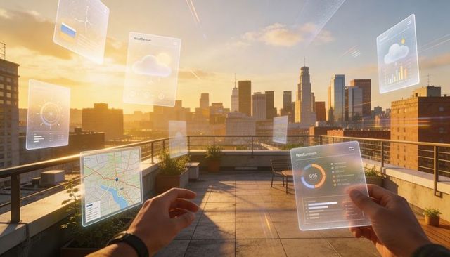 Navigating augmented reality city map on rooftop terrace at sunset with wearable controls