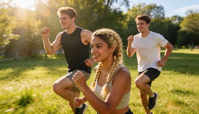 Young woman with blonde braids leading running group through sunlit park at golden hour