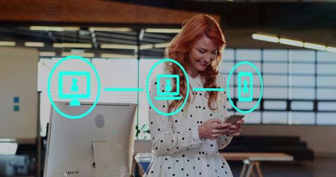 Businesswoman Using Smartphone with Digital Network Icons