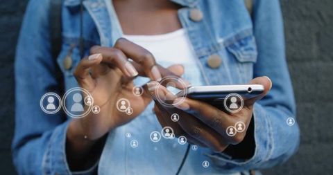 Woman Teal Denim Touching Smartphone Social Media Icons Digital Concept