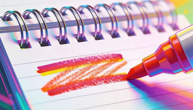 Drawing vibrant chisel-tip marker strokes on spiral notebook with neon gradient lighting