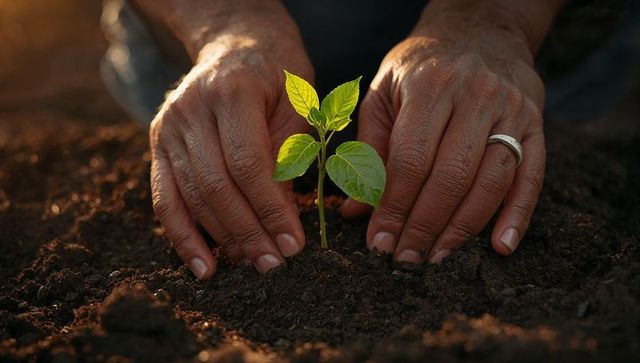 Hands nurturing seedling in garden soil at sunset