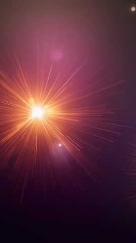 Vertical video pulsing orange burst on purple field with radiant lens flare and drifting orb