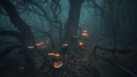 Enchanted Forest Journey with Glowing Mushrooms at Dusk