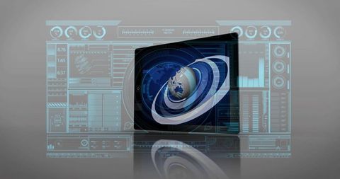 Futuristic Holographic Tablet with 3D Earth and Analytical UI Panels