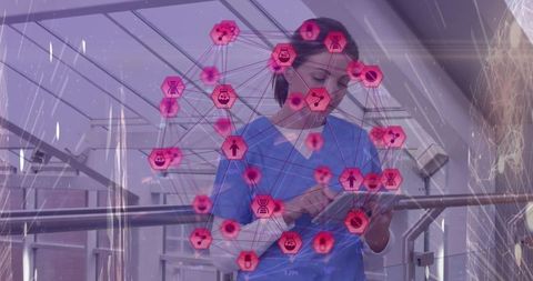 Female doctor using tablet with healthcare technology network overlay