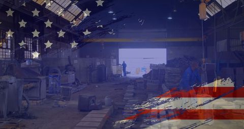 American Flag Overlaid on Busy Industrial Factory Scene