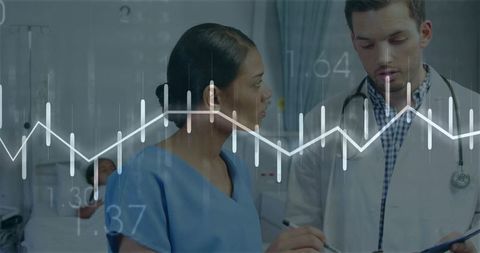 Medical Professionals Analyzing Patient Data with ECG Overlay