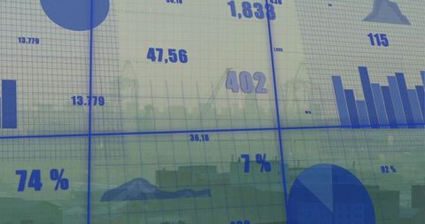 Blue Data Dashboard Overlaying Office Glass with City Skyline, Charts and Percentages, Analytics
