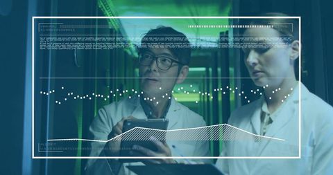 engineers analyzing data among green-lit data racks in futuristic center - Download Free Stock Images Pikwizard.com