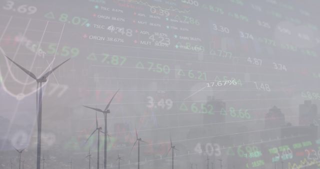 Shows wind turbines against a backdrop of financial stock market data, merging themes of renewable energy and investing trends. Useful for articles on sustainable investing, energy sector growth, and environmental economics.