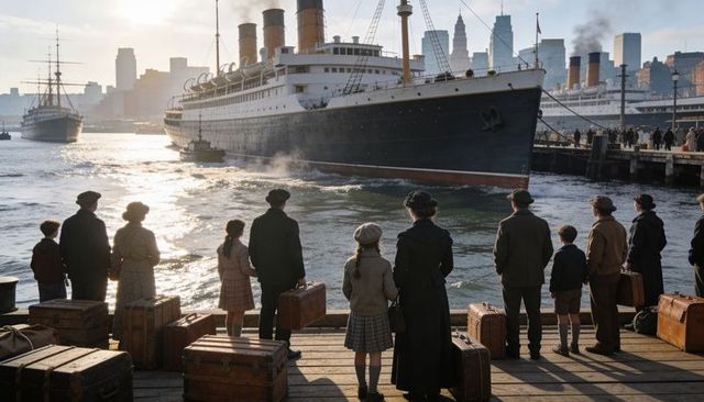 Immigrant family watching four-funnel ocean liner leaving pier at backlit harbor sunrise