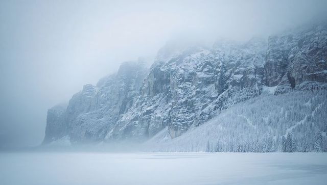 Snowy cliff looming over frozen lake and conifer treeline in misty alpine valley