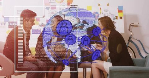 Global teamwork brainstorming with holographic network globe over office collaboration