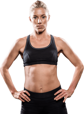 Transparent Female Athlete Posing Confidently with Hands on Hips