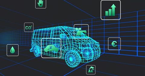 Futuristic wireframe van with co2, fuel and euro icons for automotive simulation