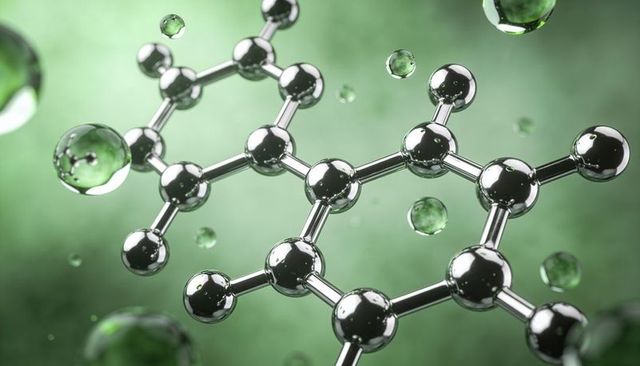 Shimmering chrome molecular lattice floating in green haze, reflective spheres, droplets
