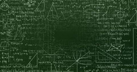 Chalkboard Filled with Math Equations and Trigonometric Diagrams in Classroom
