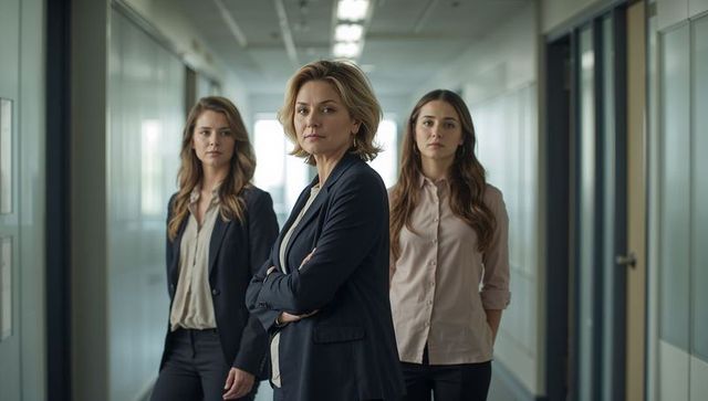 Confident female executive leading professional team in office corridor with arms crossed