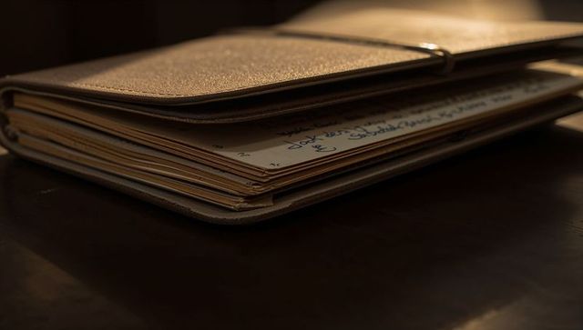 Resting leather folio revealing handwritten notes and planner pages with elastic strap