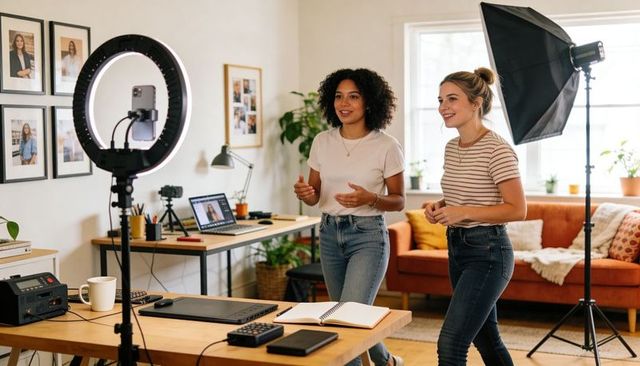 Two Creators Recording Lifestyle Videos in Home Studio with Ring Light and Softbox