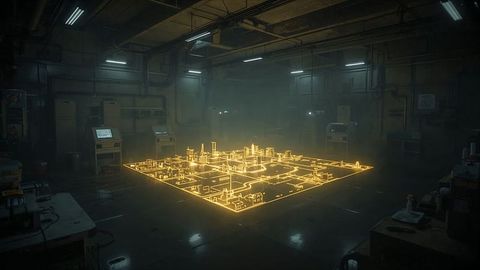 Futuristic Holographic City Diagram in Industrial Workshop