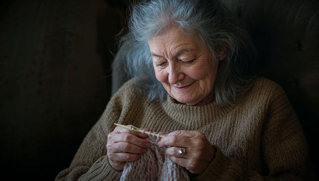 Senior woman knitting chunky yarn in cozy armchair, warm sweater, intimate closeup