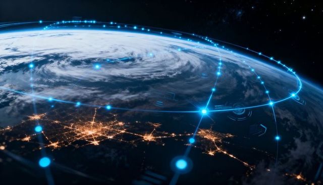 Global nighttime connectivity orbit showing city lights cyclone satellite network nodes