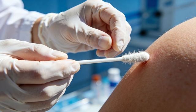 Healthcare worker preparing vaccination site by applying sterile cotton swab to upper arm