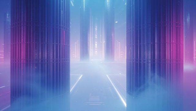 Futuristic Neon Towers in Misty Plaza