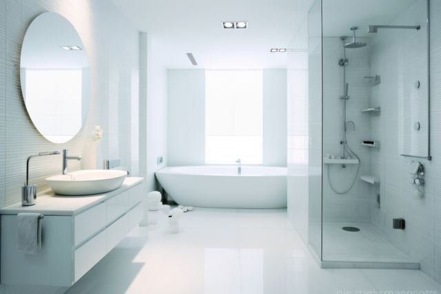 Bright and clean modern bathroom interior featuring a white bathtub, glass shower, and stylish sink with a round mirror. Ideal for illustrating modern home designs, interior decoration concepts, or luxury bathroom fittings. Perfect for real estate advertisements, home improvement blogs, and architectural presentations.