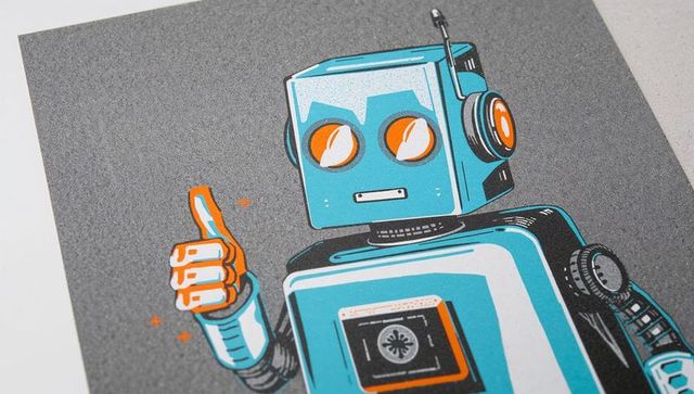 Retro robot giving thumbs-up halftone turquoise orange vintage illustration