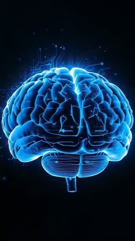 Rotating 3D Neural Brain with Pulsing Nodes and Circuitry Vertical Futuristic Video